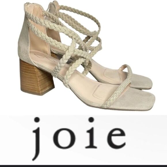 JOIE Felina Taupe Cream Suede Braided Strappy Sandals Chucky Block Heel Zip Back - Picture 1 of 10